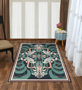Contemporary teal and peach area rug for living room decor.
